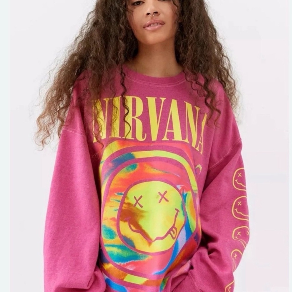 NIRVANA Pink Multicolor Tie-Dye Smiley Face Pullover Sweatshirt